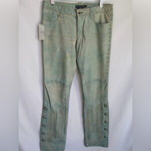 Ralph Lauren Blue Label Soft Teal Green Leather Embroidered Western Pants